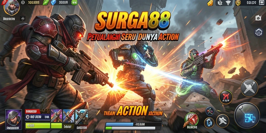 Screenshot utama SURGA88 menampilkan aksi pertarungan yang intens.
